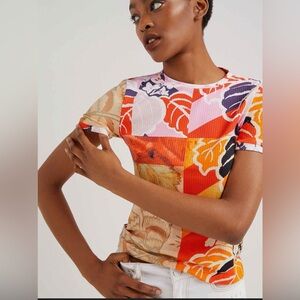 Desigual Ribbed Knit Top Women’s Small Multicolor Floral Patchwork Stretch